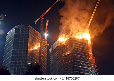 Warsaw, Poland. 7 June 2019. A fire at the Warsaw Hub construction site. Fire in a high-rise building. 