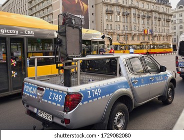 Warsaw, Poland 7.05.2020: Protest Of Dissatisfied Businessmen In The Center Of Warsaw - LRAD Police Sonic Weapon To Disperse Crowds