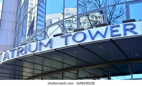 Warsaw, Poland. 8 April 2020. Sign Atrium Tower. Company Signboard Atrium Tower.