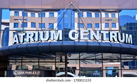 Warsaw, Poland. 8 April 2020. Sign Atrium Centrum. Company Signboard Atrium Centrum.