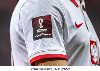 WARSAW, POLAND - 9 OCTOBER, 2021: FIFA World Cup Qatar 2022 Qualifiers Match, Poland Vs San Marino 5:0, o.p: a view of the logo of the FIFA World Cup Qatar 2022 qualifiers on the Poland Jersey