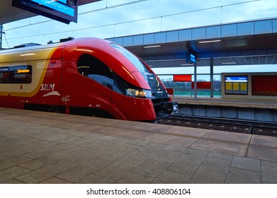 Warsaw, Poland - April 09, 2016:  Warszawa Stadion Is A Railway Station, Located In The District Of Praga Poludnie Close To The National Stadium. 