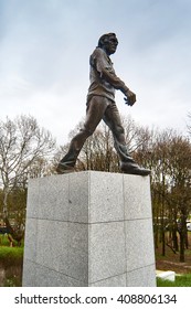 Warsaw, Poland - April 09, 2016: A Statue Of Legendary Polish Football Coach Kazimierz Gorski. Kazimierz Gorski Was The Coach For The Polish National Team In 73 Matches With 45 Wins.