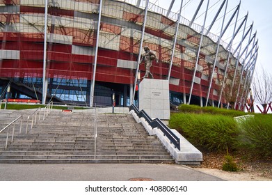 Warsaw, Poland - April 09, 2016: A Statue Of Legendary Polish Football Coach Kazimierz Gorski. Kazimierz Gorski Was The Coach For The Polish National Team In 73 Matches With 45 Wins.