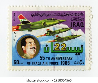 Warsaw, Poland - April 18, 2021. Postage Stamp Issued In Iraq Circa 1986 Commemorating 55 Anniversary Of Iraqi Air Force