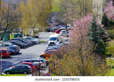 Warsaw, Poland - April 18, 2022: Aerial View Of The Street In The Goclaw Housing Estate, In The Praga Poludnie District. Along This Neighborhood Street, Many Cars Are Parked On Both Sides.
