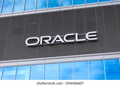 Warsaw, Poland - April, 2021: Oracle sign on Oracle Poland Warsaw office building. Oracle Corporation is an American multinational computer technology corporation.