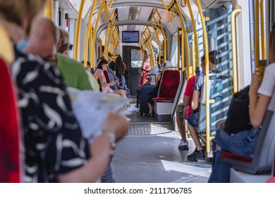 Warsaw, Poland - August 14, 2021: Passengers In Tramway In Warsaw City