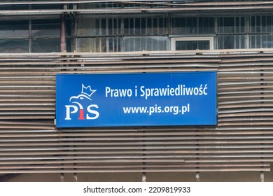 Warsaw, Poland - August 14, 2022: Logo And Sign Of PiS, Law And Justice (Polish: Prawo I Sprawiedliwosc) At Office Of Political Party At Nowogrodzka Street.