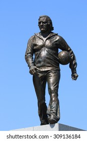 WARSAW, POLAND - AUGUST 15, 2015: A Statue Of Legendary Polish Football Coach Kazimierz Gorski. Kazimierz Gorski Was The Coach For The Polish National Team In 73 Matches (with 45 Wins).