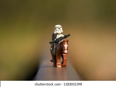 Warsaw, Poland - August 2018 - Lego Star Wars minifigure stormtrooper on horse