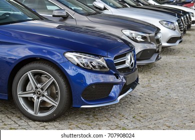 Warsaw, Poland - August, 21, 2017: Mercedes cars in the row during presentation.