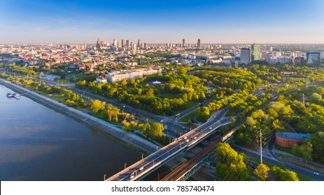 Warsaw, Poland Capital City Drone Aerial View In Summer Sunset