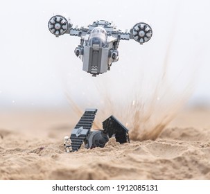 Warsaw, Poland - December 2020 - lego star wars minifigure storm trooper run from space ship