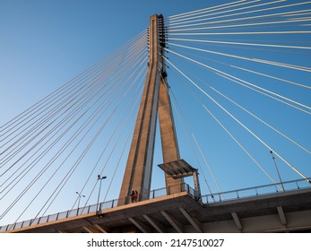 Warsaw, Poland - December 2021: View of the Świętokrzyski Bridge, Cable-stayed road bridge