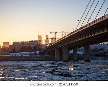 Warsaw, Poland - December 2021: View of the Świętokrzyski Bridge, Cable-stayed road bridge, View of the city