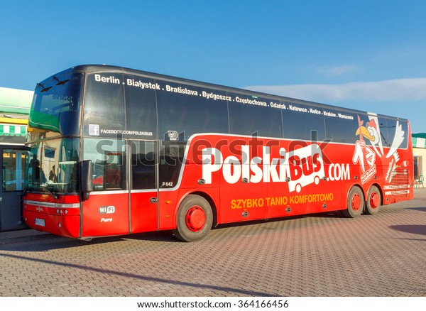 Warsaw, Poland - December 23, 2015: Polish bus\
company is one of the main passenger carriers in Poland. Volvo\
Buses are comfortable and roomy\
car.
