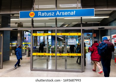 Warsaw, Poland - December 25, 2019: Architecture Of Train Metro Subway Station Interior With People Walking In Warszawa Polish City In Winter