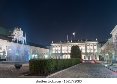 Warsaw, Poland - February 18, 2019: Bertel Thorvaldsen's Statue Of Prince Józef Poniatowski In Front Of The Presidential Palace.