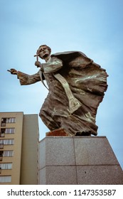 WARSAW, POLAND – FEBRUARY 19 2014: Dramatic Statue Of Father Ignancy Jan Skorupka, Hero Of The Battle Of Warsaw, Sculpted By Andrzej Renes In 2005, Outside St Florians Cathedral, Praga.