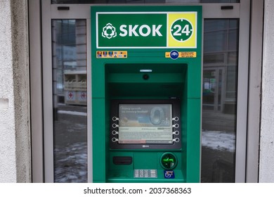 Warsaw, Poland - February 2, 2021: ATM Machine Of SKOK Credit Union In Warsaw Capital City