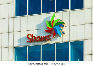 Warsaw, Poland - February 2022: Strauss Group company logo on building.