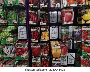 Warsaw, Poland - February 23, 2022: Flower And Vegetable Seeds On Display In A Store. Spring Season And Seeds For Sowing.