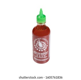 Warsaw / Poland - January 1 2020: Sriracha Sauce Bottle Isolated On White Background.