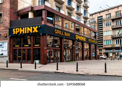 Warsaw, Poland - January 22, 2020: Sign For Sphinx Grill Bar Shop Restaurant Exterior In Downtown Old Town Warszawa On Szpitalna Street