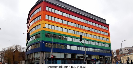 Warsaw, Poland – January 30, 2020: Rainbow Color Building Of The Warszawa Praga Tax Office 