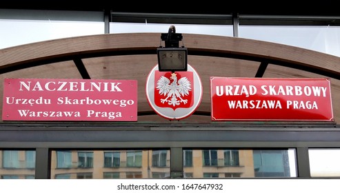 Warsaw, Poland – January 30, 2020: Official Red Signs On The Building Of The Warszawa Praga Tax Office