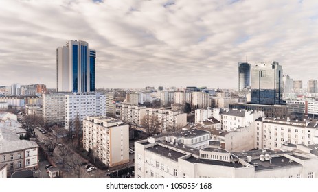 WARSAW, POLAND - JANUARY 5, 2018. Aerial Drone View From Above Of City Center Skyline