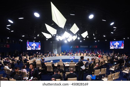 WARSAW, POLAND - Jul 9, 2016: NATO Sammit. World Leaders During A Meeting Of The North Atlantic Treaty Organization Summit In Warshaw, Poland