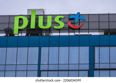 Warsaw, Poland - July 01, 2021: Plus Logo Of Polkomtel Mobile Phone Network Operator In Warsaw City