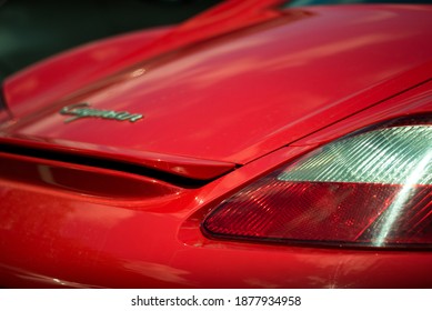 Warsaw, Poland - July 10, 2020: Sports Car Elements. Red Porsche Tailgate. Rear Lights Of The Car.