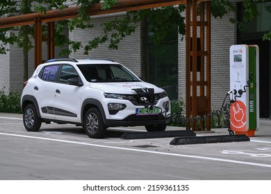 Warsaw, Poland - July, 10, 2021: Electric Car Dacia Spring On The Charging Station.