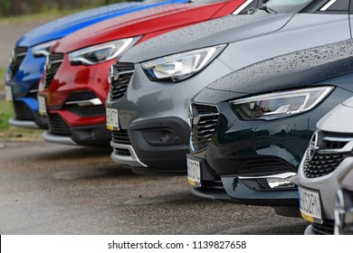 Warsaw, Poland - July, 13, 2018: Opel cars in a row on the parking.