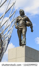 WARSAW, POLAND. JULY 2018: Monument To Kazimierz Gorski,  Legendary Polish Football Coach In Front Of  National Stadium. Designed By Krakow Sculptor Marek Maslaniec 