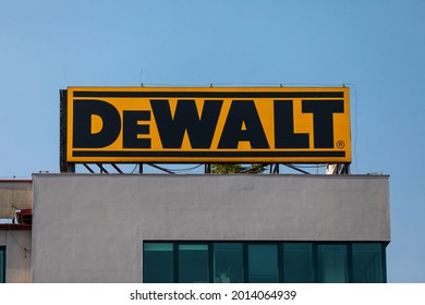 Warsaw, Poland - July, 2021: DeWalt logo at building in the city center.