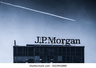 Warsaw Poland - July, 2021: J.P. Morgan logotype on the top of office building