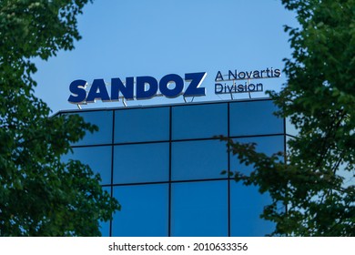 Warsaw, Poland - July 2021: Sandoz
company logo on office building in Warsaw city centre