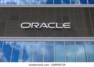 Warsaw, Poland - July 2022: Name And Logo Of Oracle Corporation On A Modern Facade Of A Business Building. Selected Focus.