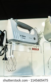 Warsaw, Poland, July 21, 2018 inside Bosch showroom, Hand mixers Bosch, Mix, Modern design for more enjoyment when baking, Very quiet, innovative, highly efficient, produced by BSH Home Appliances,  - Shutterstock ID 1145605475