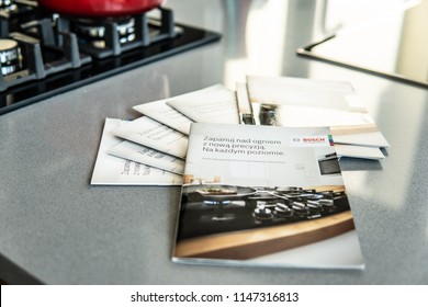 Warsaw, Poland, July 22, 2018 Inside Bosch Kitchen Showroom, Promotional Materials, Catalog Of Products To Take