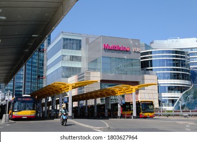 Warsaw, Poland - July 31 2020: Warsaw Red And Yellow Solaris Public Buses In The Depot. Bus Stop Next To Central Railway Station (Warszawa Centralna) And Golden 
Terraces (Zlote Tarasy) Shopping Mall