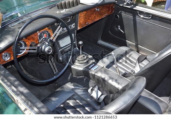 WARSAW, POLAND - JUNE 09, 2018: Cabin of a\
vintage sport car \