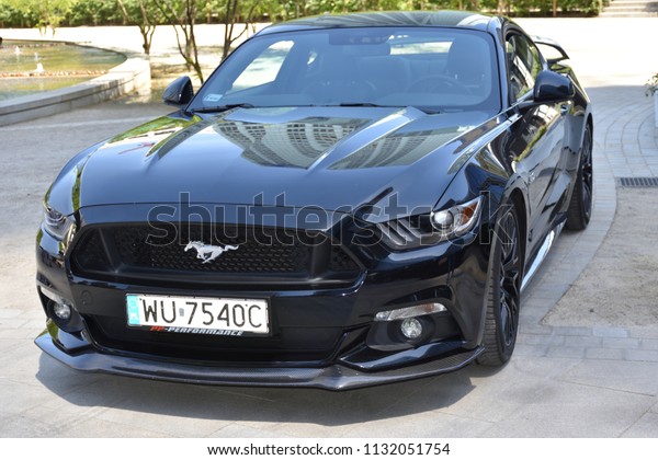 WARSAW, POLAND - JUNE 09, 2018: Black Ford\
Mustang GT. Free autoshow \