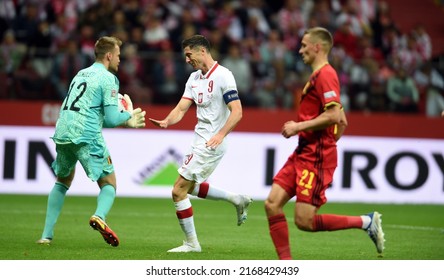 WARSAW, POLAND - JUNE 14, 2022: UEFA Nations League 2023 Poland - Belgium Game
Op: Simon Mignolet (Belgium) Robert Lewandowski (Poland)  