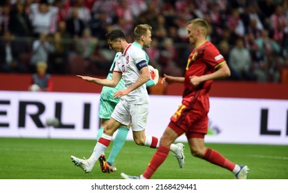 WARSAW, POLAND - JUNE 14, 2022: UEFA Nations League 2023 Poland - Belgium Game
Op: Simon Mignolet (Belgium) Robert Lewandowski (Poland)  