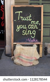 WARSAW, POLAND - June 28, 2018: Sign On The Chalkboard On The Cafe 